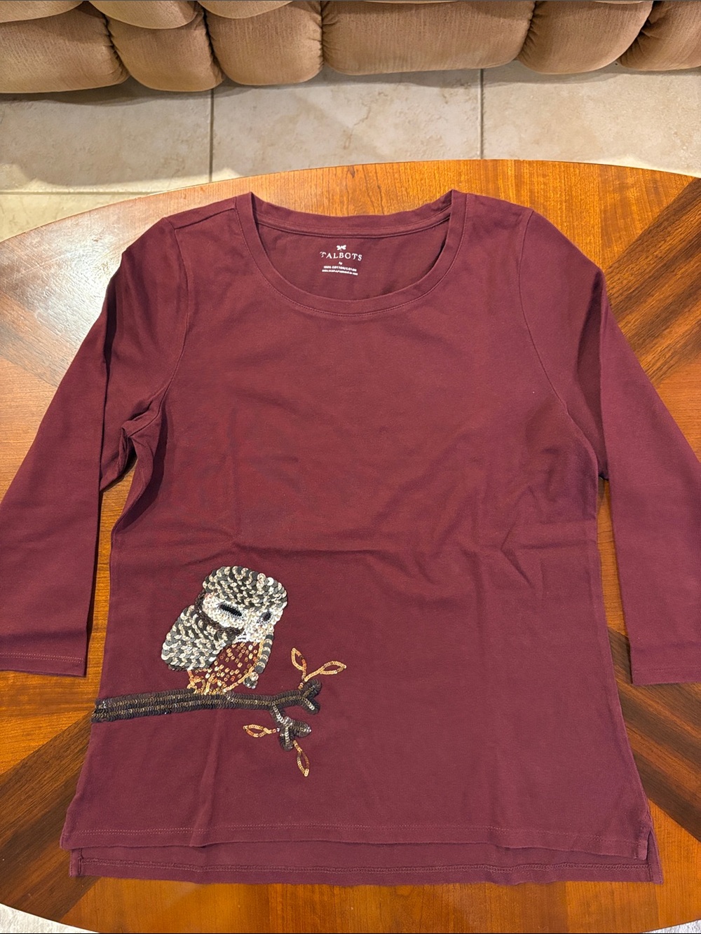 Talbots Women’s Burgundy 3/4 Sleeve Tee with Sequinned Owl